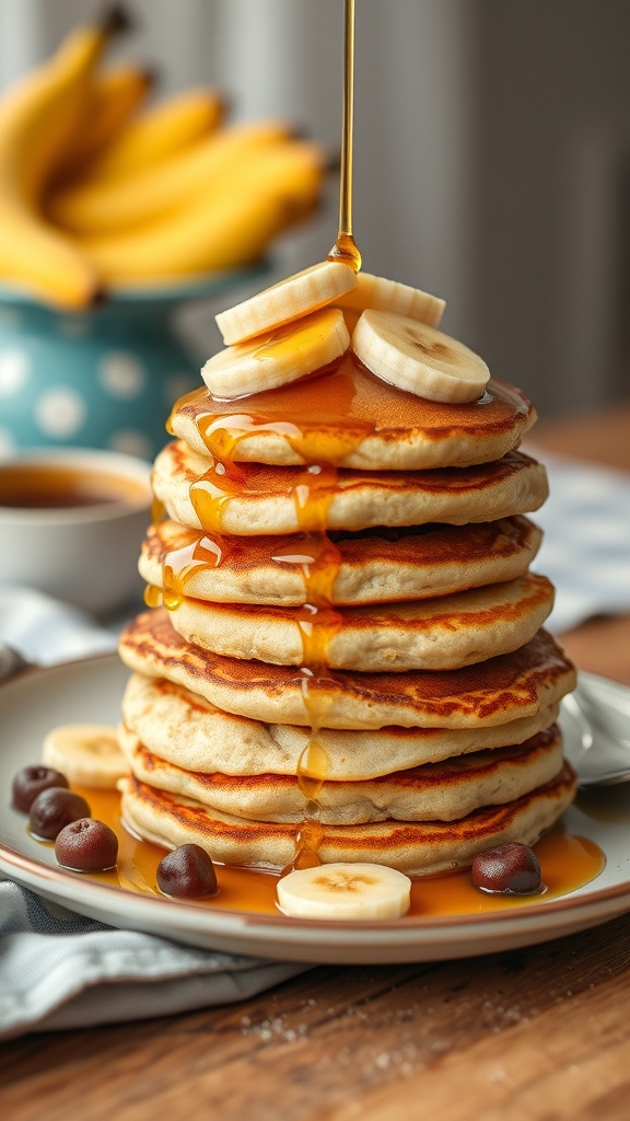 A stack of banana pancakes topped with banana slices and syrup, with bananas in the background.