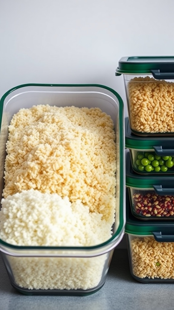 Containers of batch-cooked grains