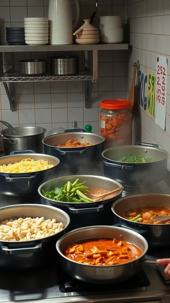 A busy kitchen with multiple pots on the stove, showcasing various ingredients for batch cooking.