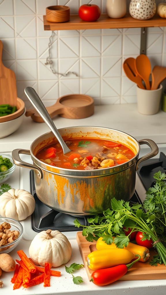 Pots of soup simmering on a stove, showcasing batch cooking.