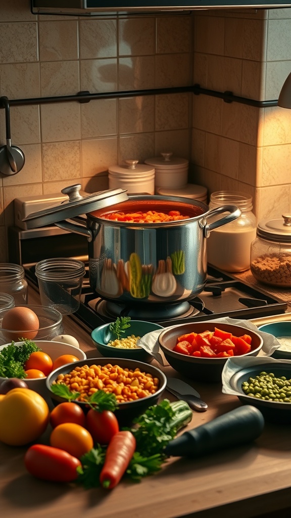 A cozy kitchen with a pot of soup on the stove and fresh vegetables on the counter.