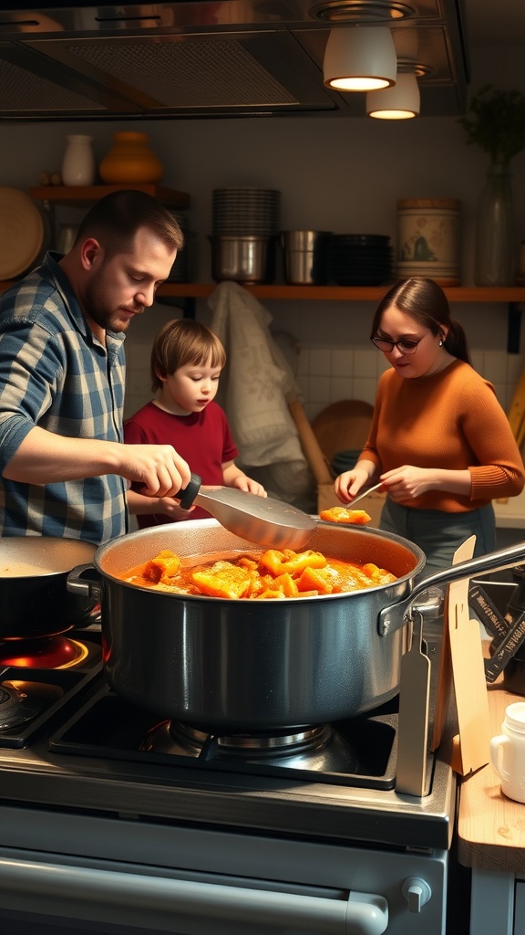 A family cooking together in a kitchen, preparing a large pot of food.