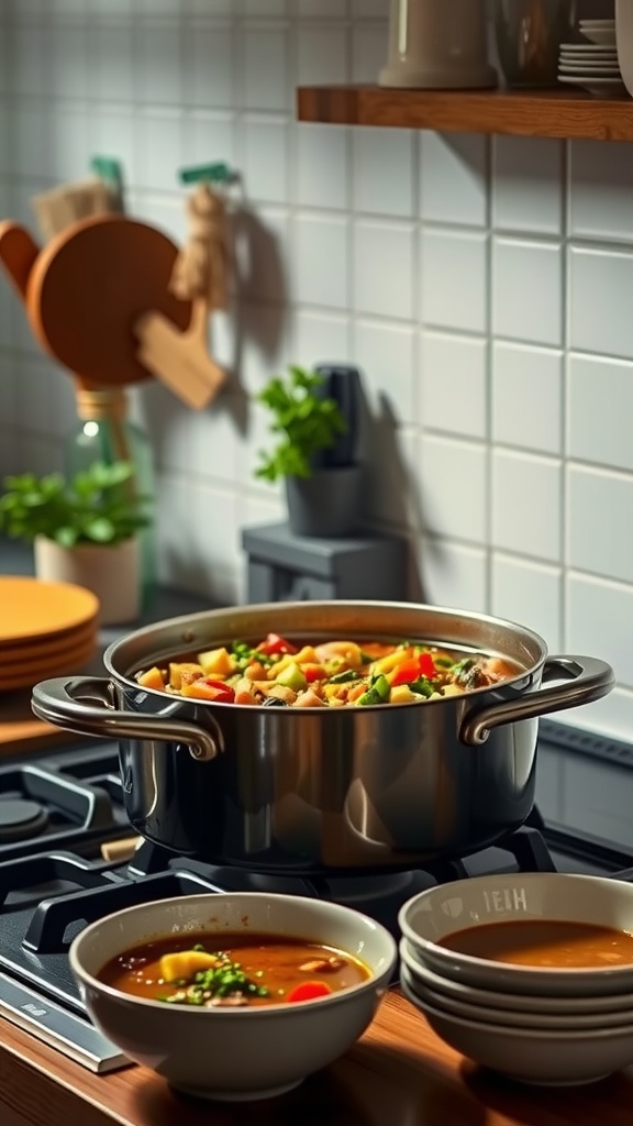 A pot of colorful vegetable stew on a stove, with bowls ready for serving.
