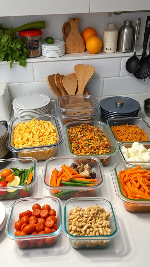 A kitchen counter with various containers filled with prepped meals and ingredients for batch cooking.