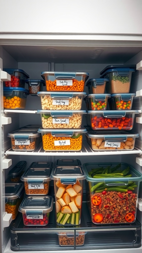 A well-organized fridge filled with colorful food containers, showcasing a variety of meal prep options.