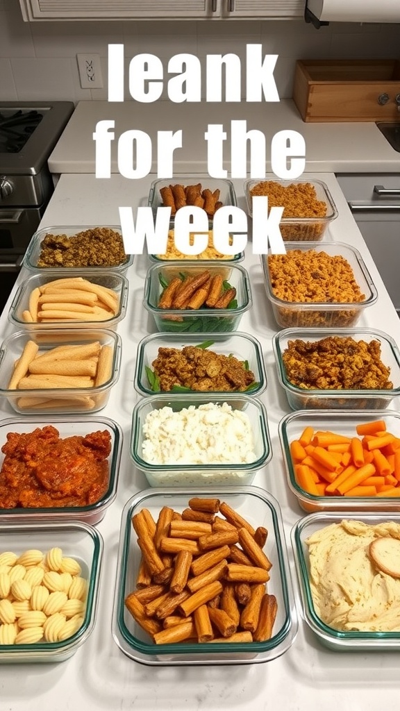 Colorful meal prep containers filled with various healthy foods for the week.