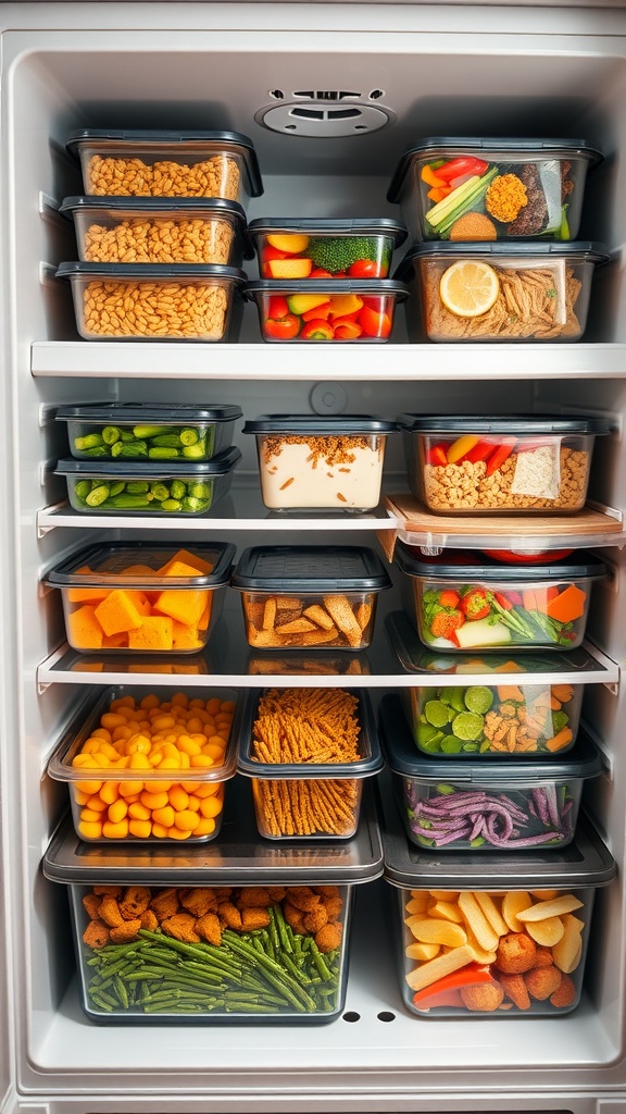 A well-organized fridge with containers of prepped ingredients for meal planning.
