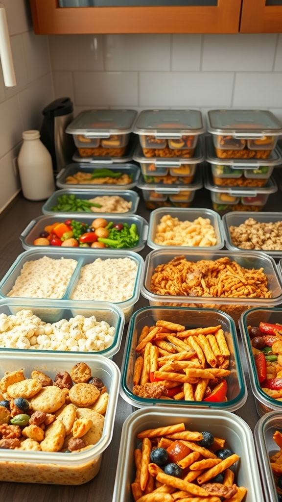 Healthy meal prep containers filled with grains, proteins, and vegetables for easy access.