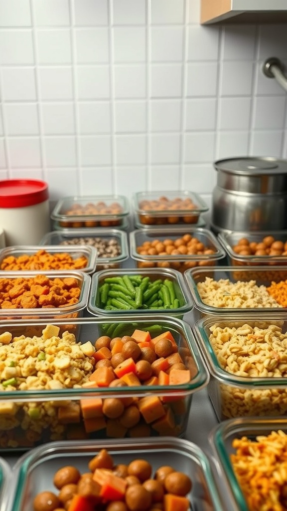 Containers filled with colorful meal prep ingredients ready for batch cooking.