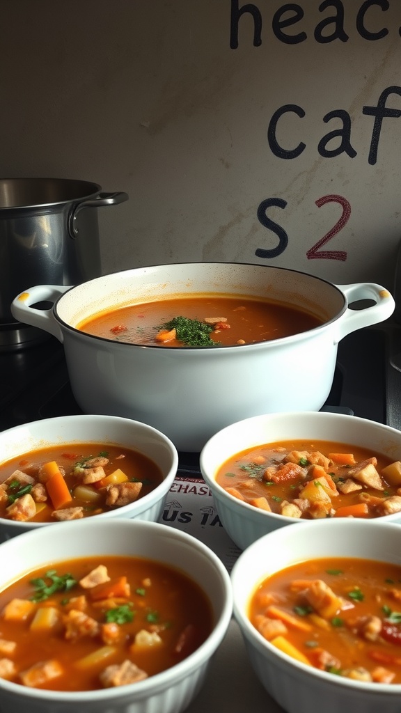 A pot of soup with bowls filled with colorful vegetables and chicken, ready to serve.