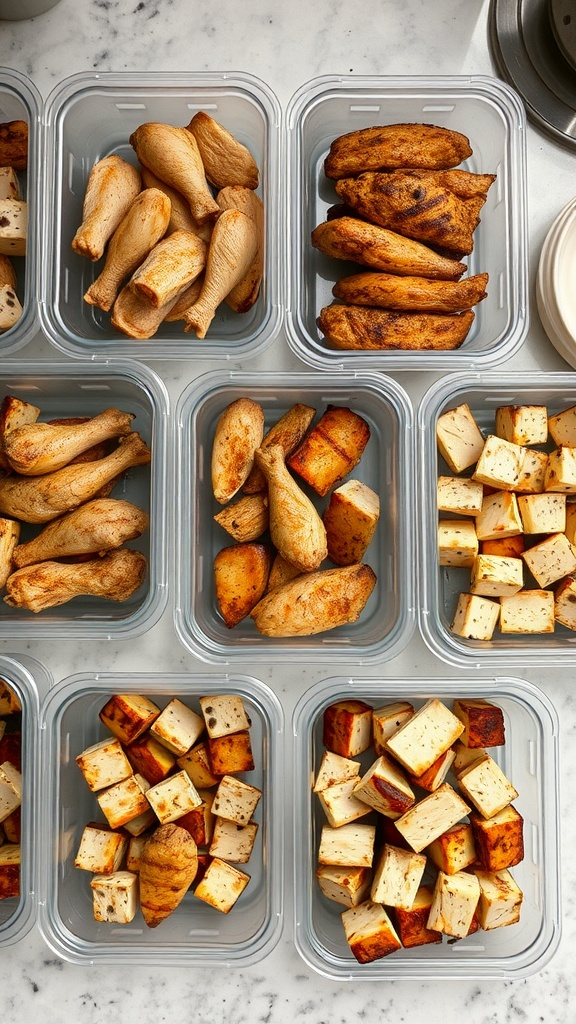 Containers filled with grilled chicken, roasted sweet potatoes, and cubed tofu.