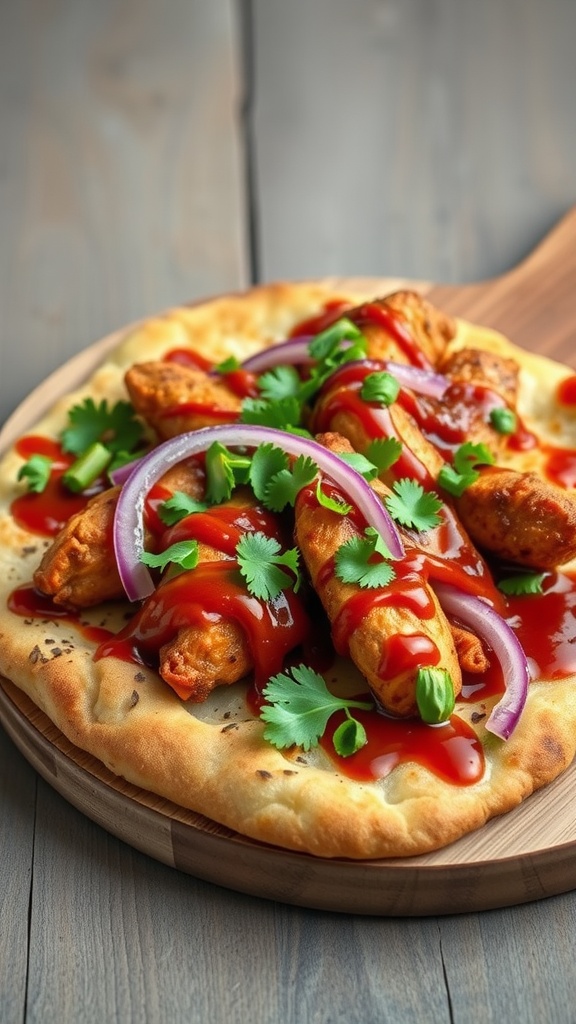 BBQ chicken flatbreads with toppings on a wooden plate