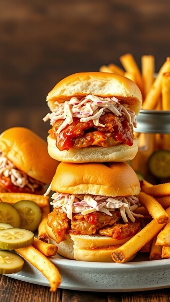BBQ Chicken Sliders with coleslaw and pickles on the side