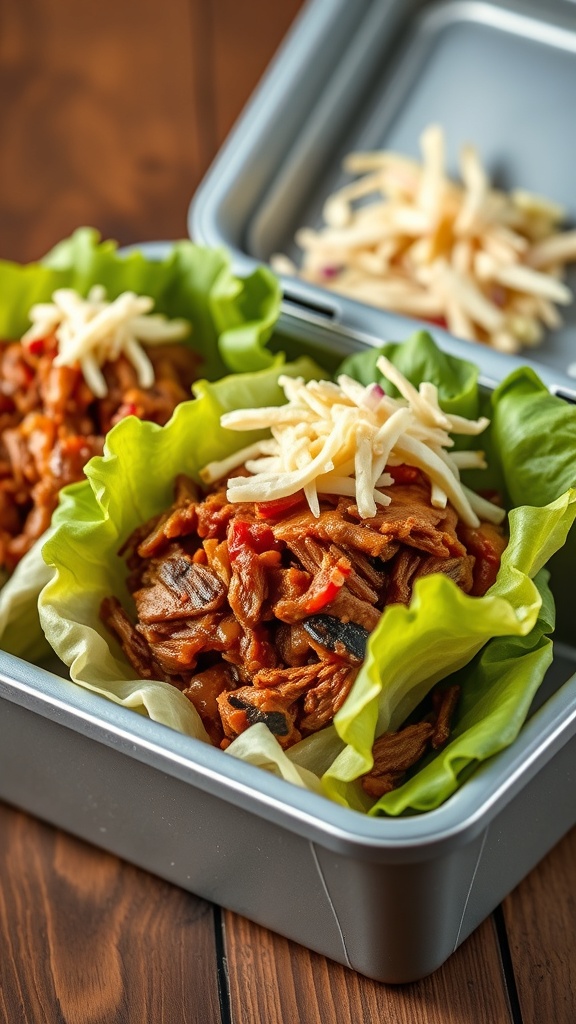 BBQ pulled pork lettuce wraps in a lunchbox with cheese on top