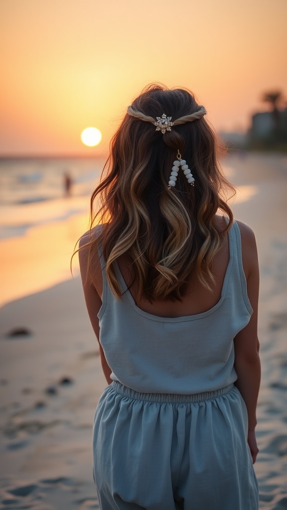A woman with beachy waves hairstyle and a decorative clip, standing on the beach at sunset.