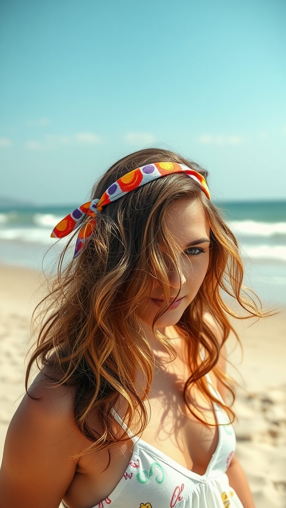 Woman with beachy waves and a colorful headband at the beach