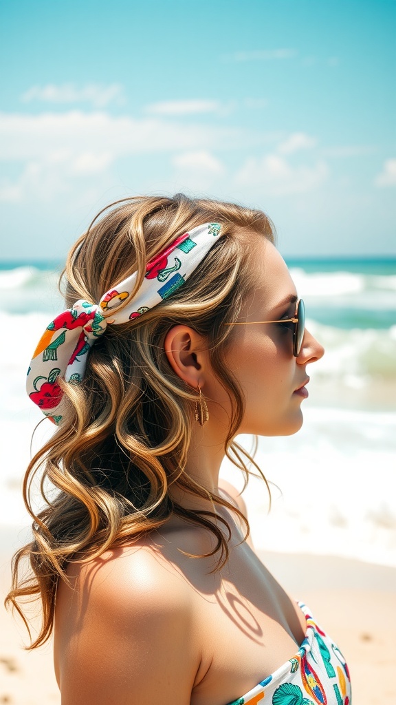 A woman with beachy waves and a colorful headband, standing by the ocean