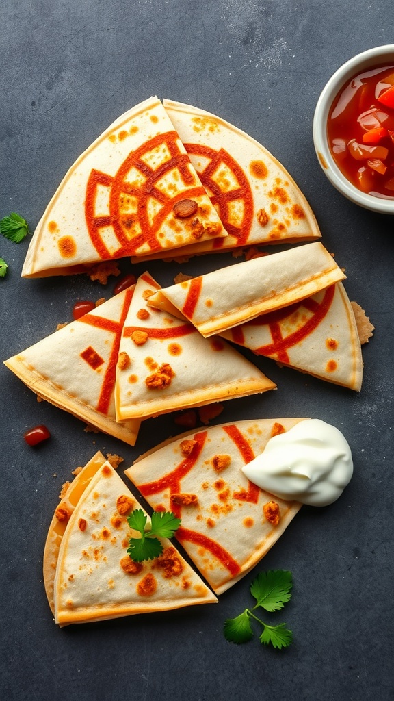 Delicious bean and cheese quesadillas served with salsa and sour cream.