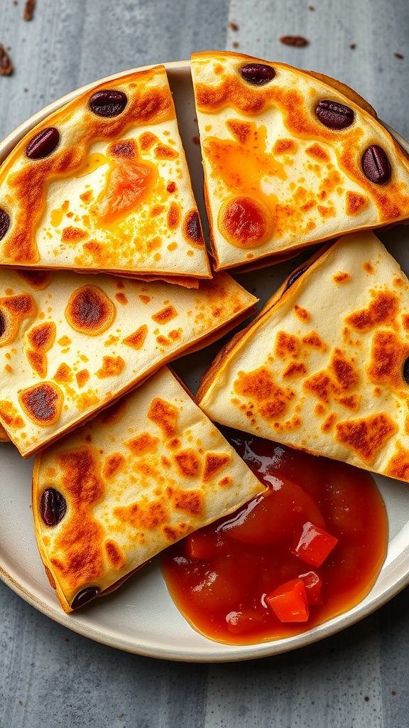 A plate of bean and cheese quesadillas with a side of salsa
