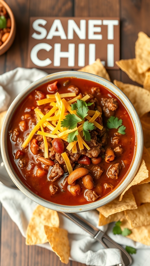 A bowl of beef and bean chili topped with cheese and cilantro, served with tortilla chips.