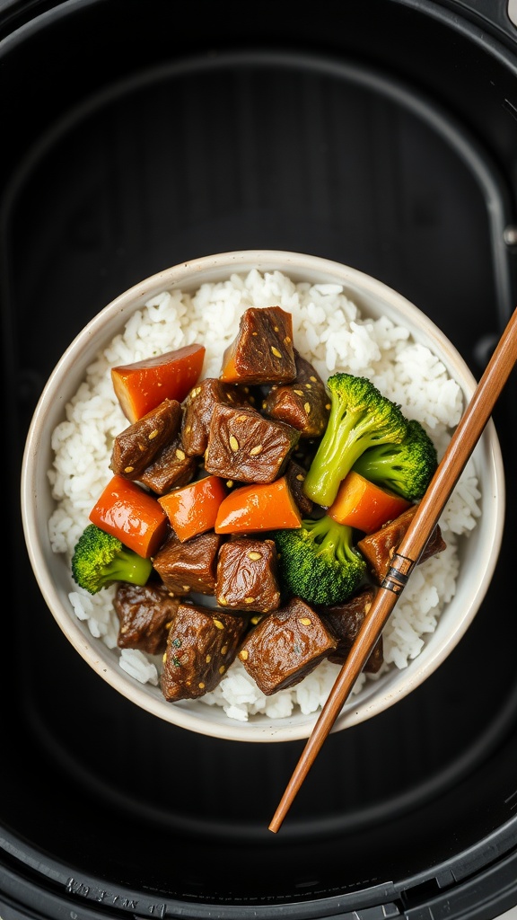 A serving of Beef and Broccoli Air Fryer Bowl with rice and colorful vegetables.