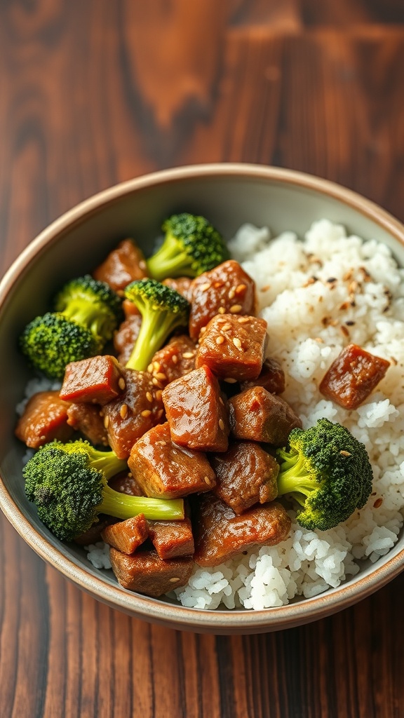 A delicious Beef and Broccoli Bowl with tender beef, fresh broccoli, and fluffy rice.
