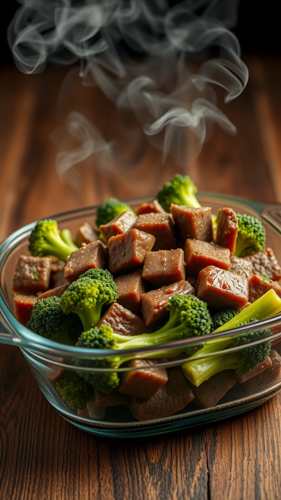 Beef and broccoli freezer meal in a glass container, steaming and ready to eat.