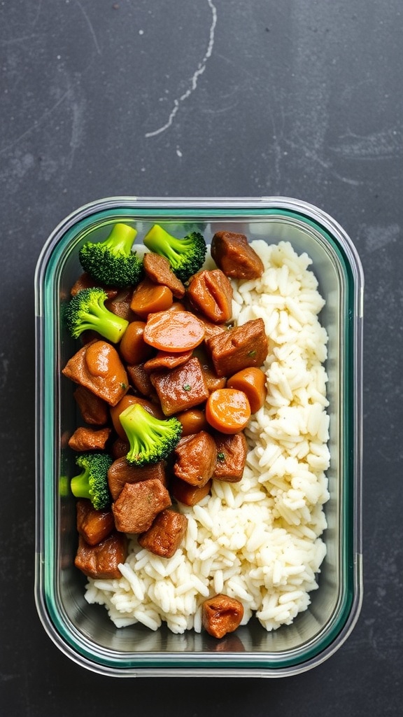 Meal prep container with beef, broccoli, and rice