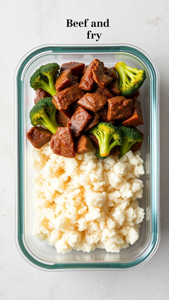 Meal prep container with beef, broccoli, and cauliflower rice.
