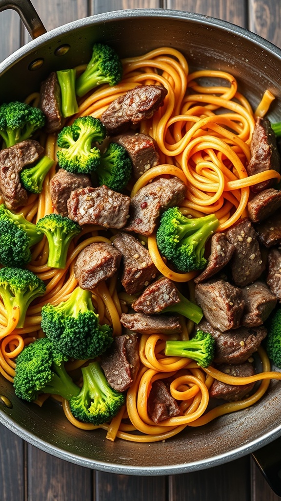A delicious beef and broccoli noodle stir-fry in a pan, featuring tender beef, vibrant broccoli, and noodles.