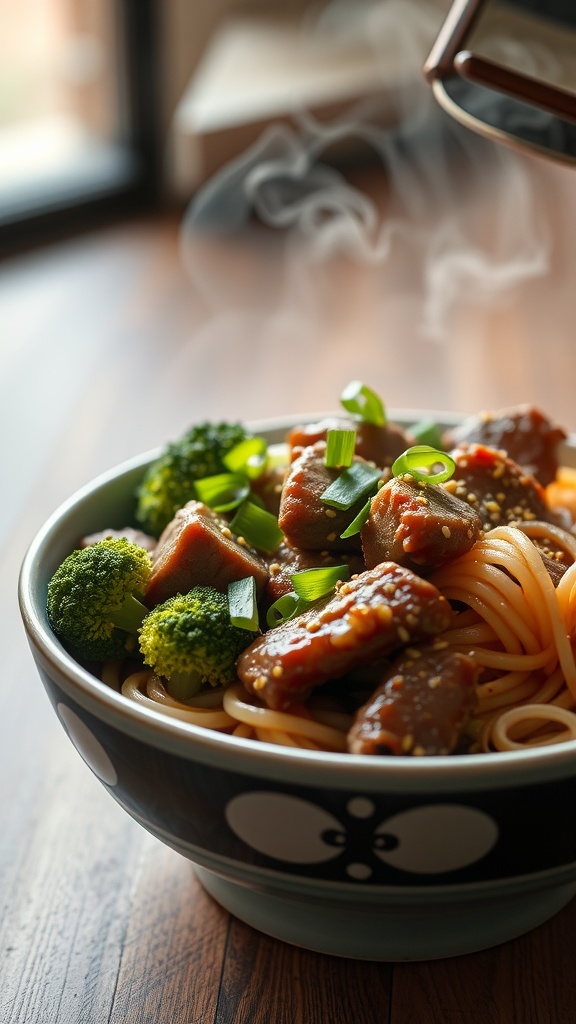 A bowl of beef and broccoli ramen stir-fry with green onions on top.