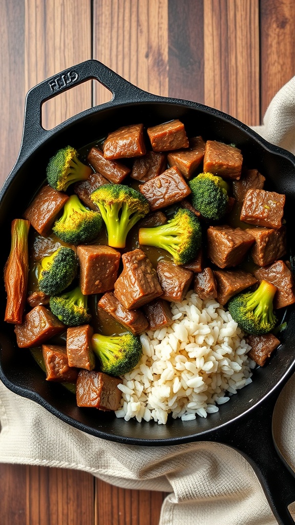 A delicious serving of Beef and Broccoli Skillet with rice.