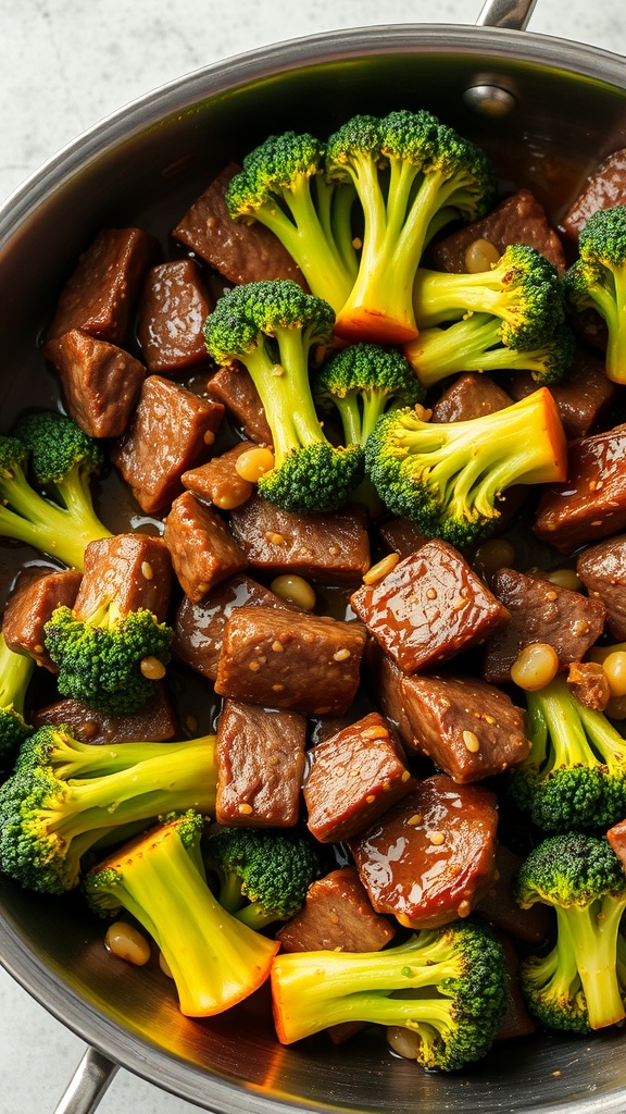 A skillet filled with beef and broccoli, showcasing vibrant green broccoli and tender beef pieces.