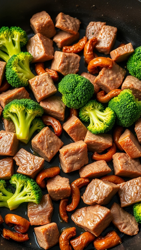 A skillet filled with beef cubes, broccoli florets, and cashews, showcasing a colorful and healthy meal.