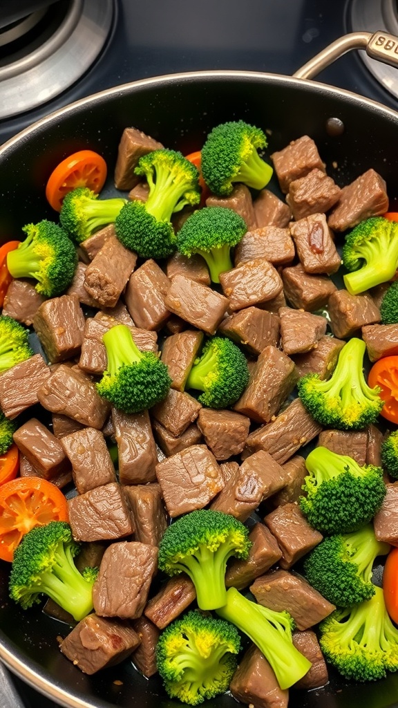 A skillet filled with beef, broccoli, and sliced tomatoes, ready to be cooked.