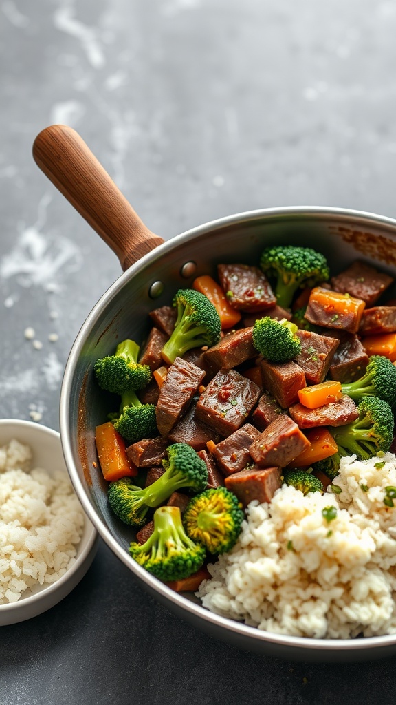 A pan with beef and broccoli stir-fry next to a bowl of rice.