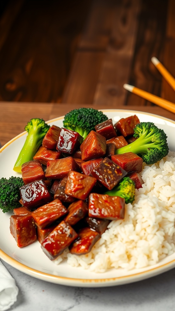 A plate of beef and broccoli stir-fry served with rice.