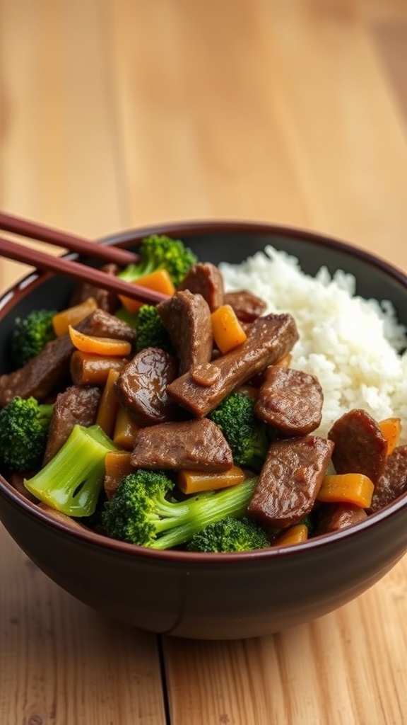 A bowl of beef and broccoli stir-fry with rice, showcasing vibrant colors and textures.