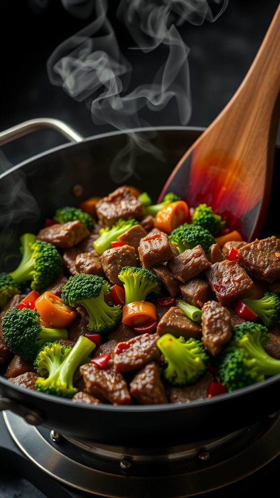 A sizzling beef and broccoli stir-fry in a pan with colorful vegetables and steam rising