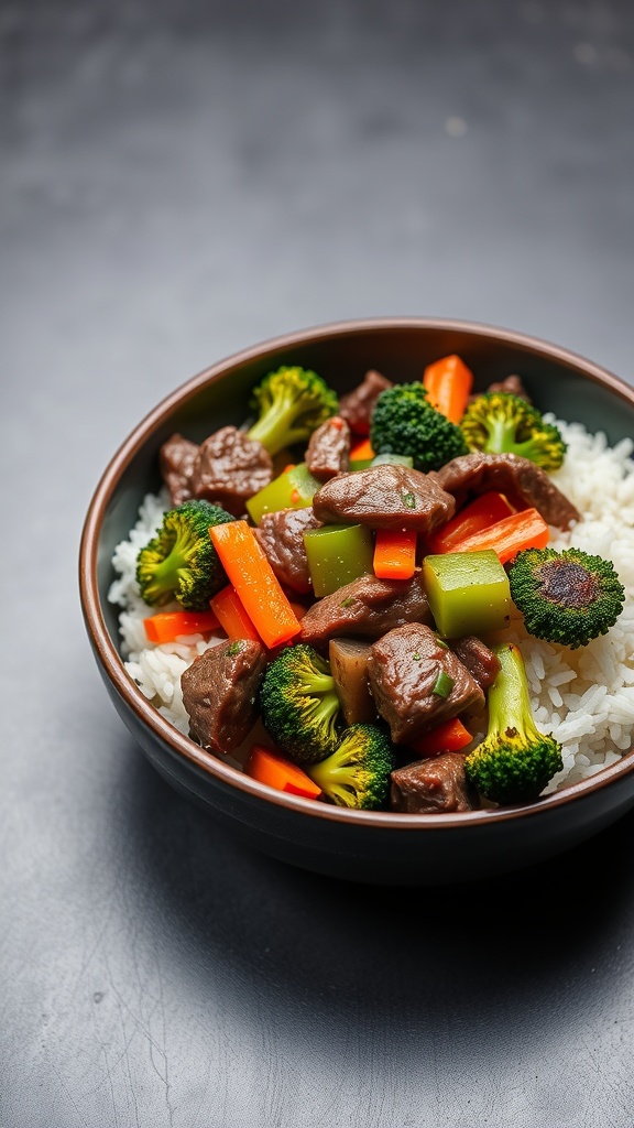 A bowl of Beef and Broccoli Stir-Fry with rice, featuring colorful vegetables and tender beef.