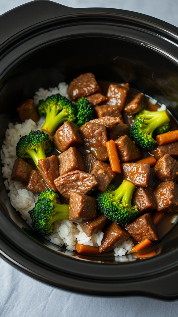 A slow cooker filled with beef and broccoli stir-fry served over rice.