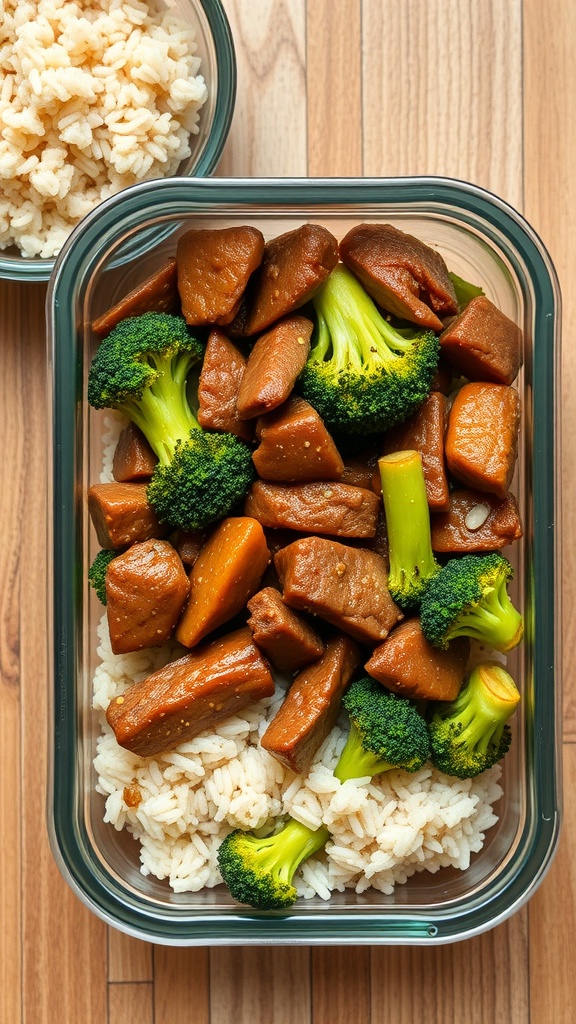 Beef and broccoli stir-fry in a meal prep container with rice.