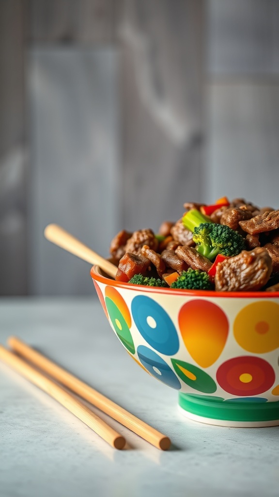 A colorful bowl of beef and broccoli stir-fry with chopsticks