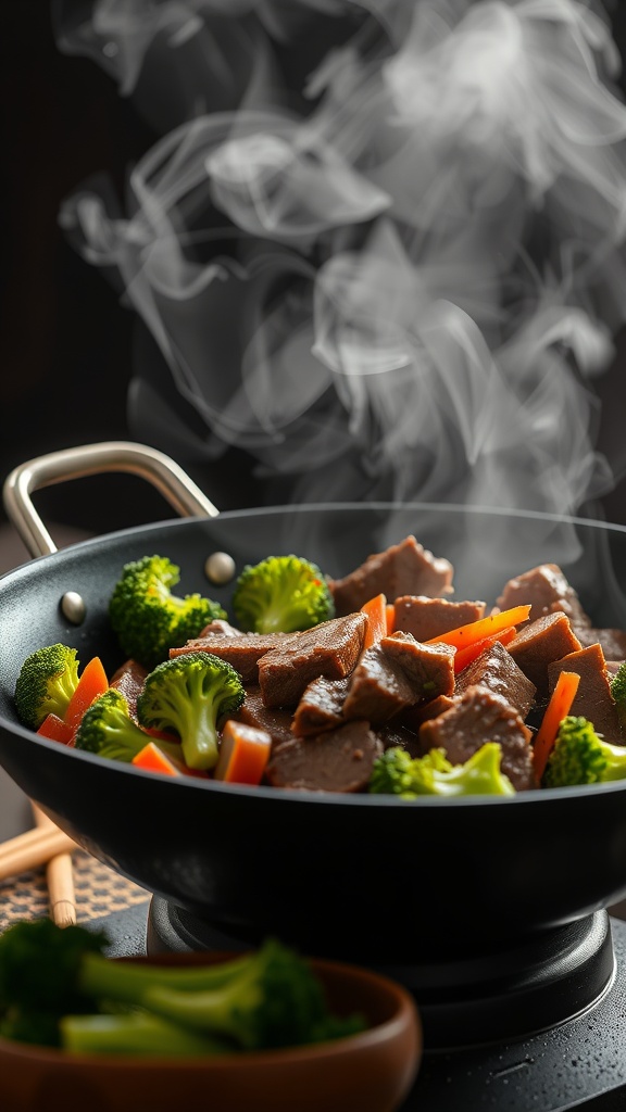 A sizzling beef and broccoli stir-fry in a black wok with steam rising.
