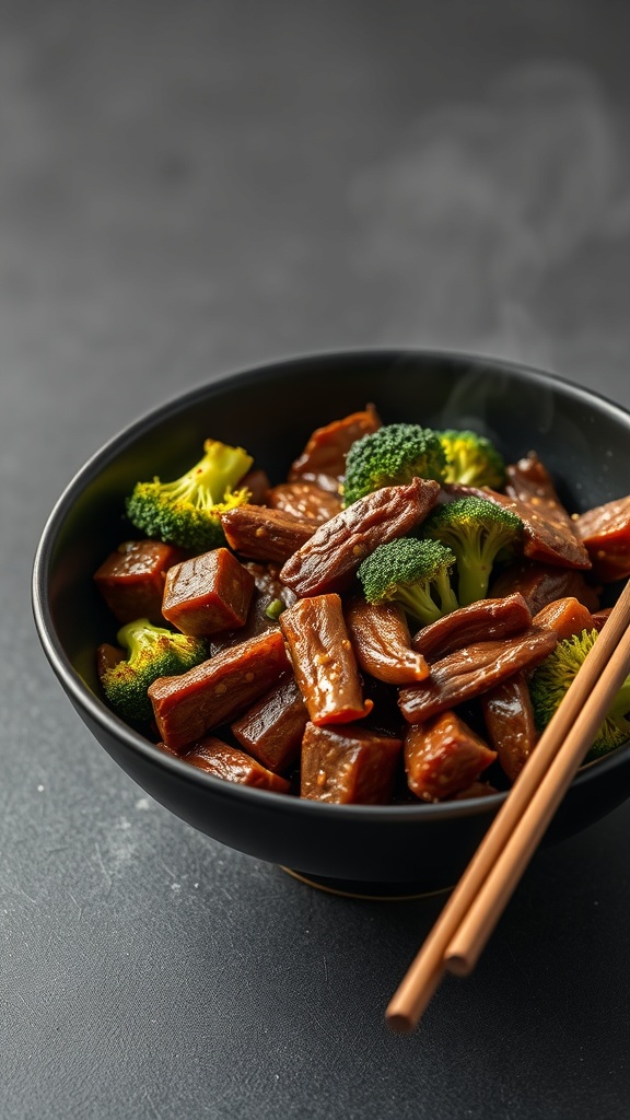 A bowl of Beef and Broccoli Stir-Fry with chopsticks