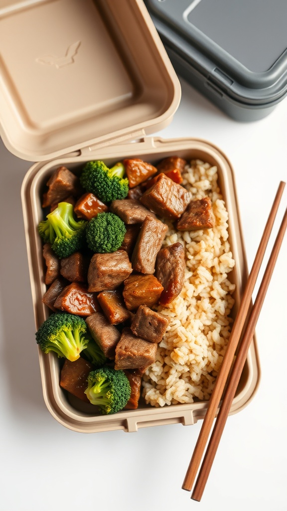 A delicious beef and broccoli stir-fry with rice in a lunchbox.