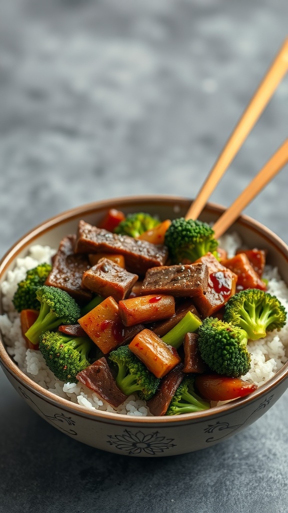A bowl of beef and broccoli stir-fry served over rice, garnished with vegetables.