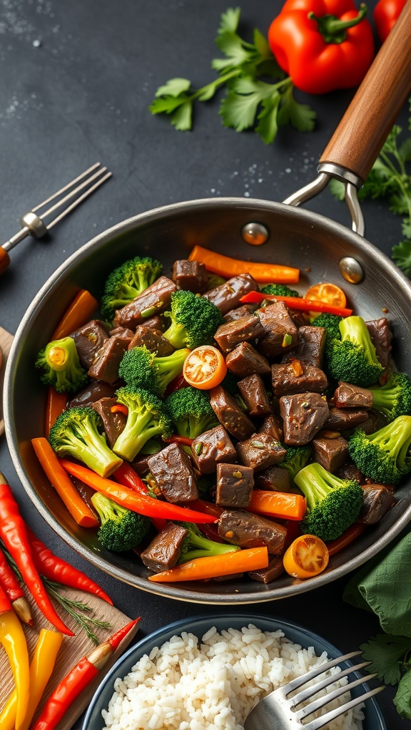 A vibrant beef and broccoli stir-fry with colorful vegetables and rice.