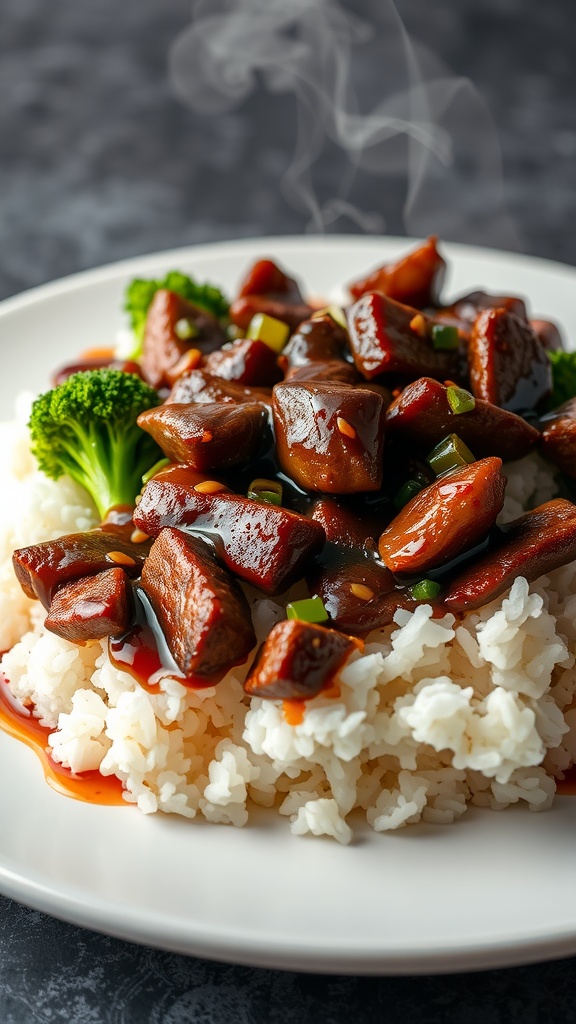 A plate of beef and broccoli stir-fry served on a bed of rice.