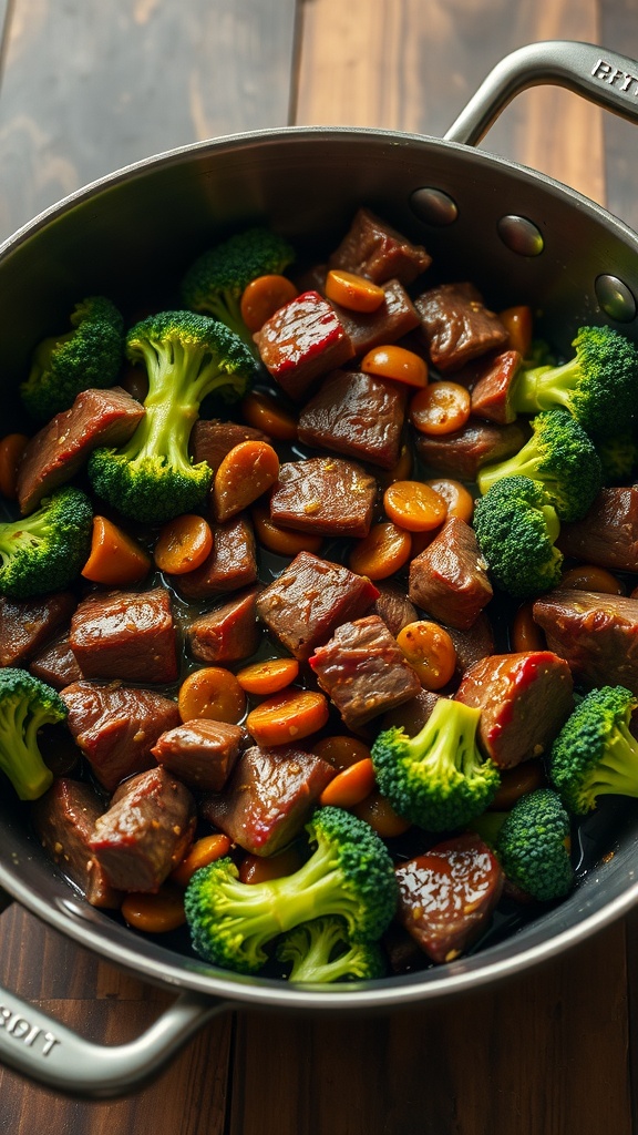 A delicious beef and broccoli stir-fry featuring tender beef, vibrant broccoli, and sliced carrots in a savory sauce.